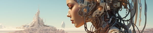Photo of cyborg girl in front of futuristic city